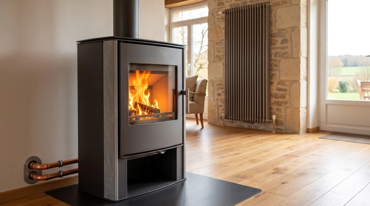 Intérieur moderne avec poêle à bois en fonctionnement, flammes orange vives visibles à travers la vitre