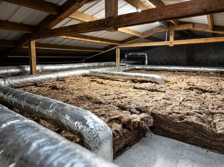 Intérieur de vide sanitaire ou comble avec isolation thermique en laine minérale soufflée, de couleur beige-brun, recouvrant le plancher entre les solives