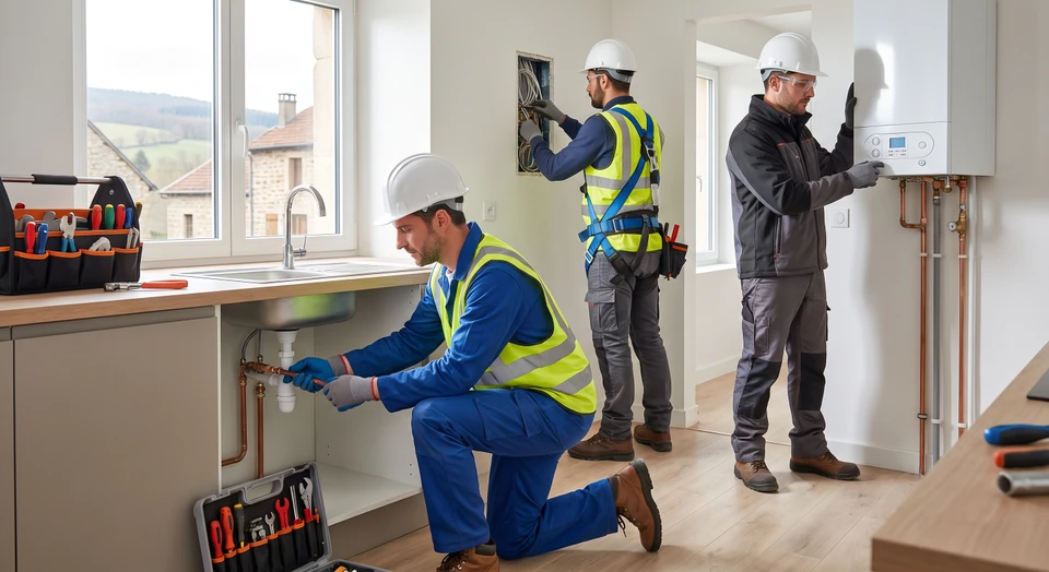 Trois professionnels (plombier, électricien, technicien chauffagiste) travaillant ensemble sur un chantier de rénovation résidentielle, chacun à sa tâche spécialisée mais en coordination évidente. Le plombier est à genoux en train de raccorder des tuyauteries, l'électricien en arrière-plan installe des éléments électriques, et le chauffagiste vérifie ou installe un système de chauffage. Ils portent des équipements professionnels et des vêtements de travail. La scène se déroule dans un intérieur en rénovation (salon ou cuisine) montrant la coordination et la collaboration. Lumière naturelle, ambiance professionnelle et sérieuse.