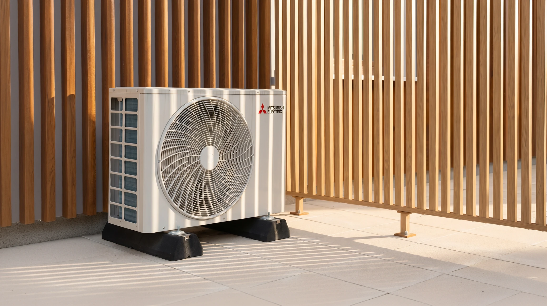 Technicien en climatisation travaillant à l'extérieur d'un bâtiment avec système de climatisation visible en arrière-plan