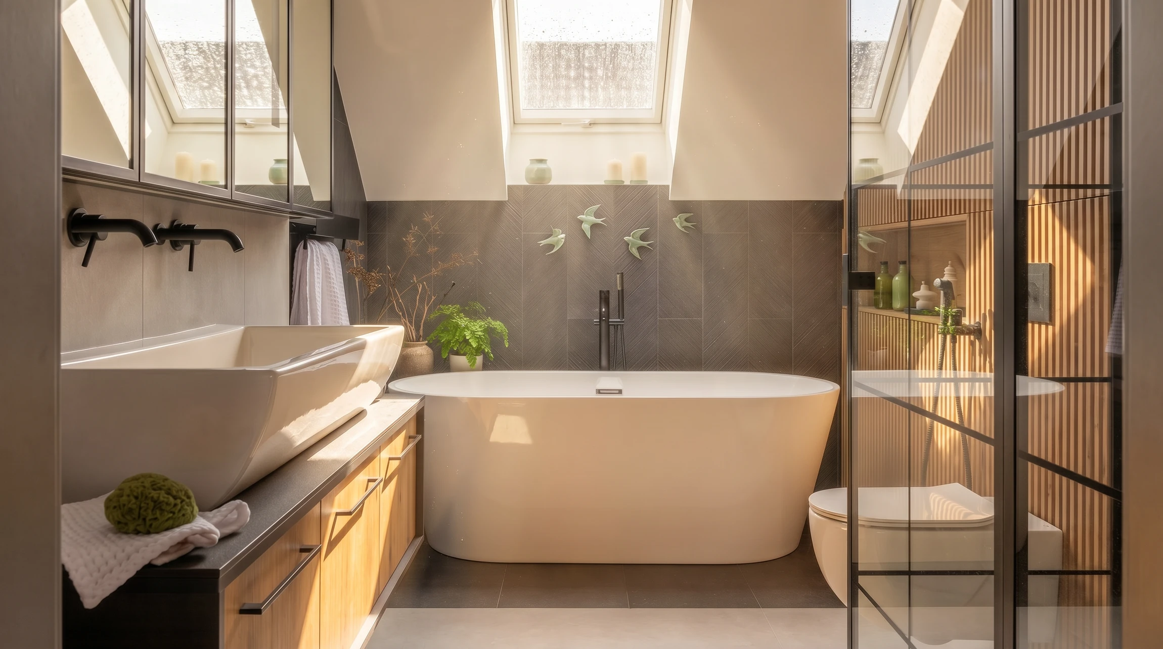 Salle de bains moderne avec baignoire encastrée, douche à l'italienne avec paroi vitrée, double vasque suspendue, WC et bidet