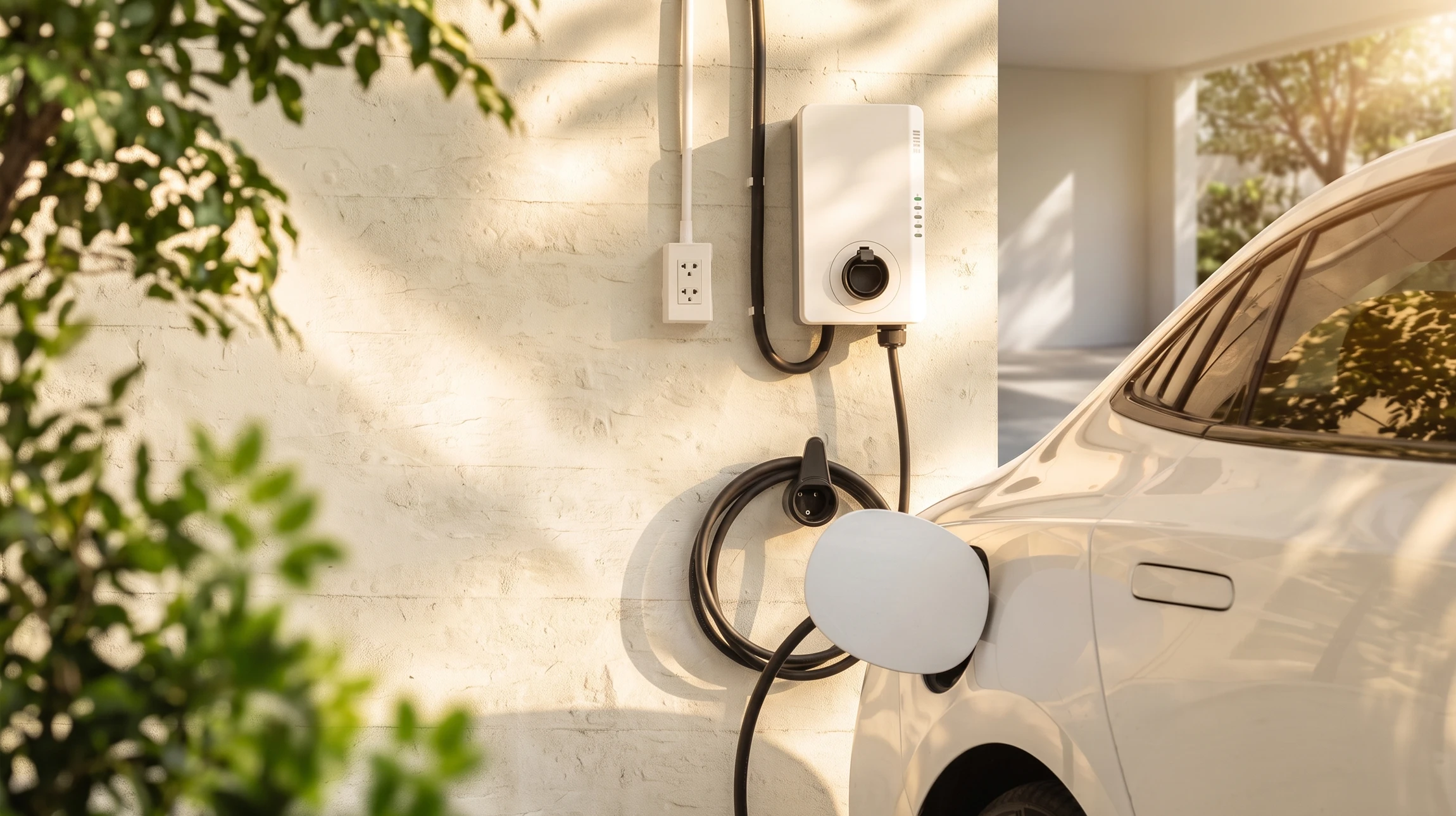Scène extérieure urbaine avec véhicule électrique blanc en charge sur borne publique