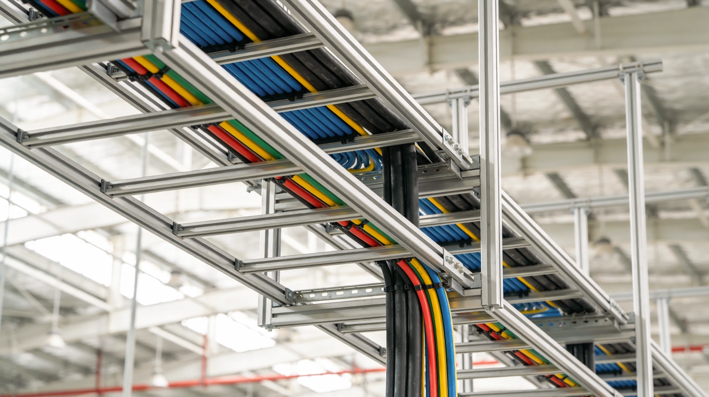 Salle électrique industrielle avec tableaux de commande muraux comportant voyants lumineux colorés, boutons d'arrêt d'urgence rouges et interrupteurs