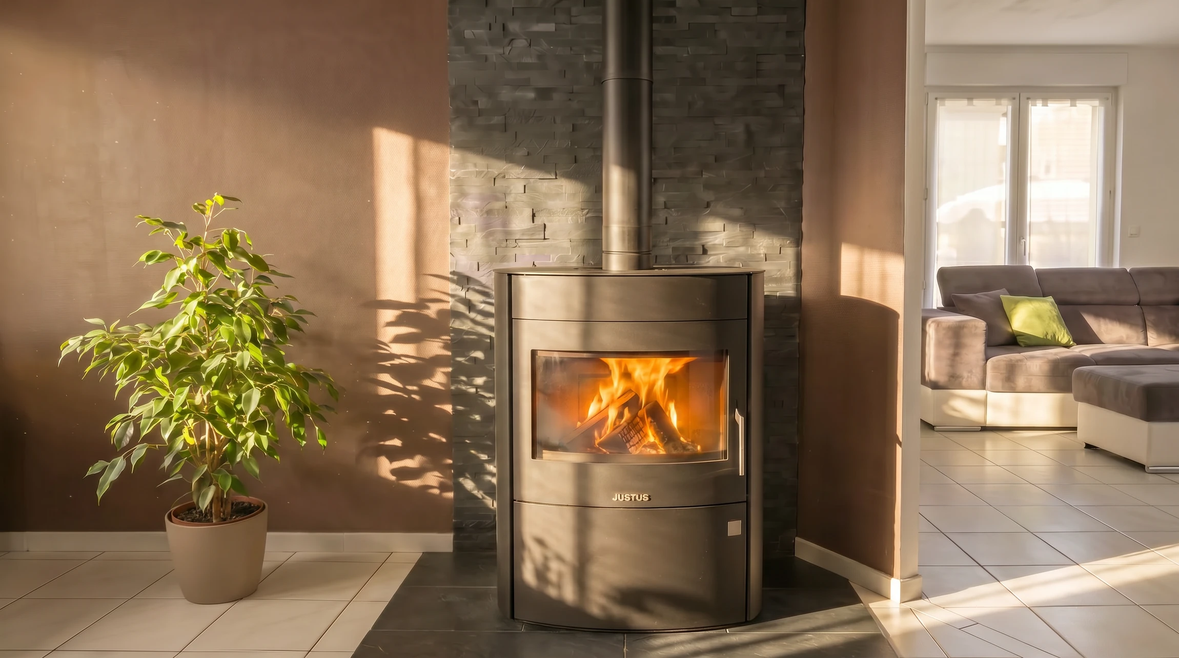 Poêle à bois autonome noir design JUSTUS, vitré grande fenêtre panoramique, feu actif visible, installé sur carrelage blanc